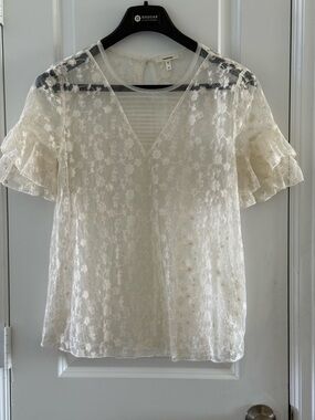 Maurices Sheer Floral Embroidered V-Neck Blouse With Ruffle Sleeves M Ivory